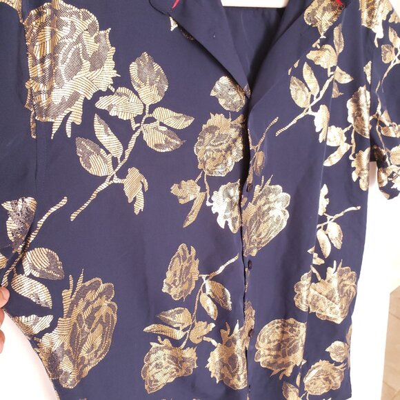 Suslo Red Collection Comfort Stretch Slim Fit Navy Blue and Gold Shiny Shirt XL - Picture 10 of 16